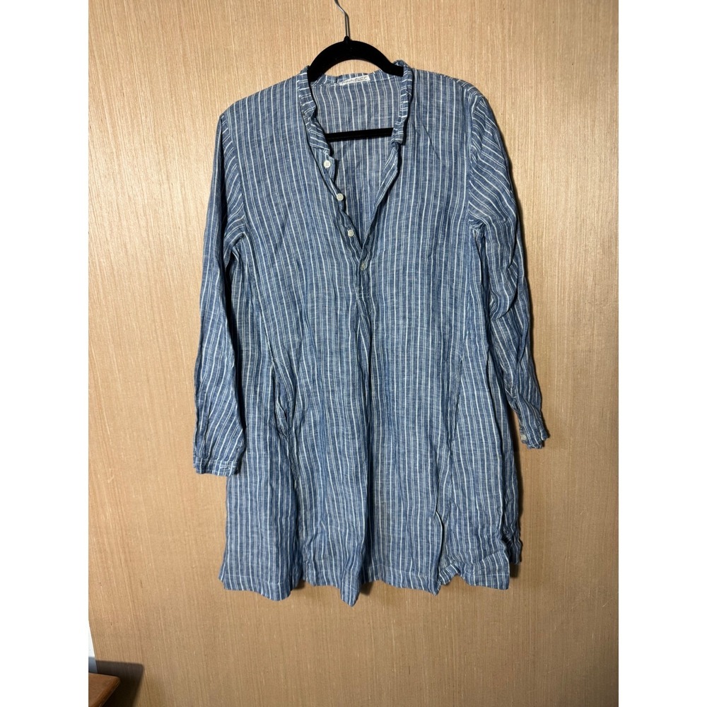 Free People CP Shades XS Blue Striped Linen Tunic‎ Dress Button Down